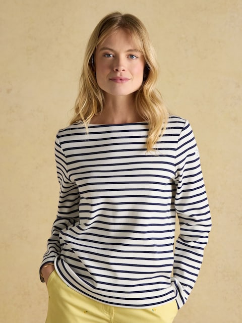 Joules Harbour Cream & Navy Boat Neck Long Sleeve Breton Stripe Top