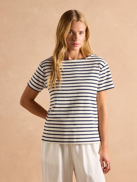 Joules Harbour Cream/Navy Short Sleeve Boat Neck Breton Top