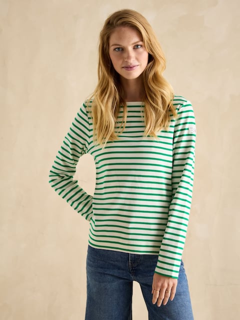 Joules Harbour Green/ White Boat Neck Long Sleeve Breton Stripe Top