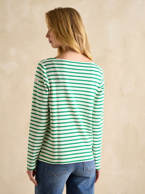 Joules Harbour Green/ White Boat Neck Long Sleeve Breton Stripe Top