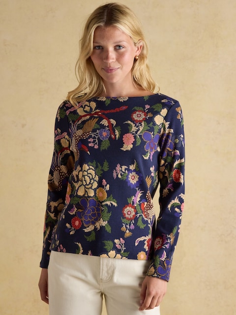Joules Harbour Navy Bird Floral Boat Neck Printed Top
