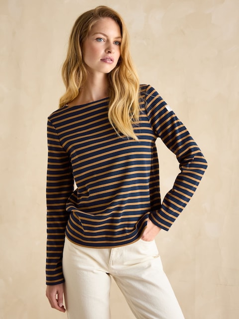 Joules Harbour Navy & Tan Boat Neck Long Sleeve Breton Stripe Top