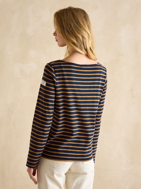 Joules Harbour Navy & Tan Boat Neck Long Sleeve Breton Stripe Top