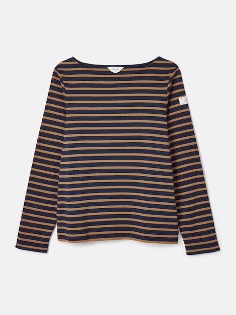 Joules Harbour Navy & Tan Boat Neck Long Sleeve Breton Stripe Top