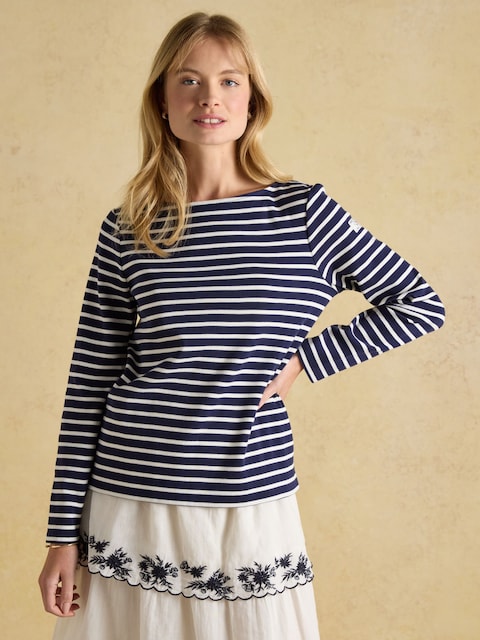 Joules Harbour Navy & White Boat Neck Long Sleeve Breton Stripe Top