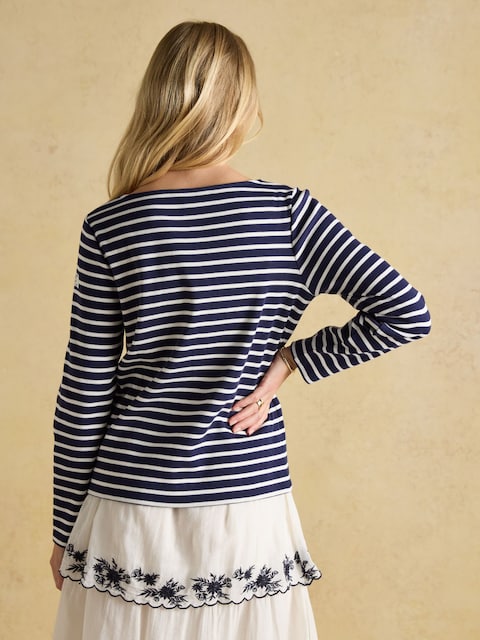 Joules Harbour Navy & White Boat Neck Long Sleeve Breton Stripe Top