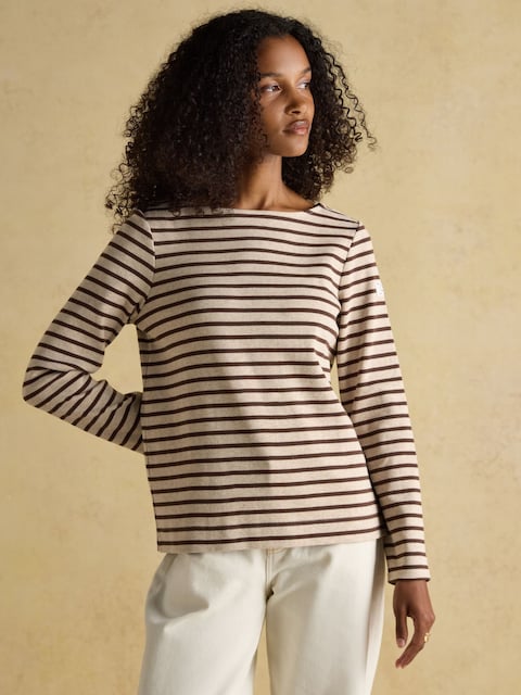Joules Harbour Neutral Boat Neck Long Sleeve Breton Stripe Top
