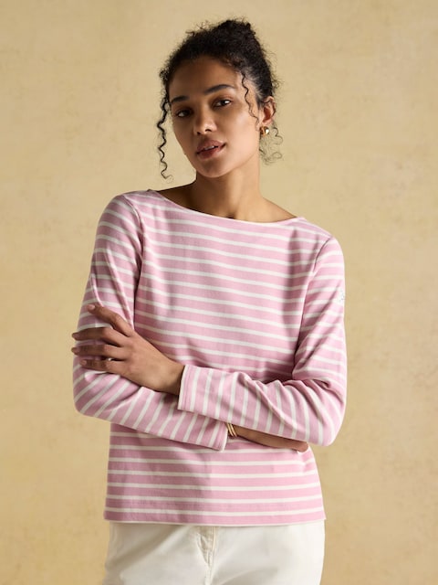 Joules Harbour Pink Boat Neck Long Sleeve Breton Stripe Top