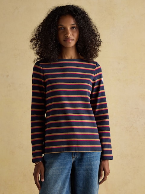 Joules Harbour Tan/Navy Boat Neck Long Sleeve Breton Stripe Top