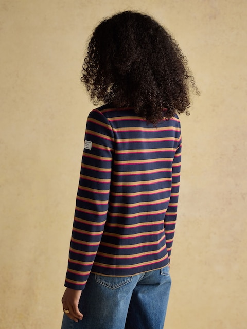 Joules Harbour Tan/Navy Boat Neck Long Sleeve Breton Stripe Top