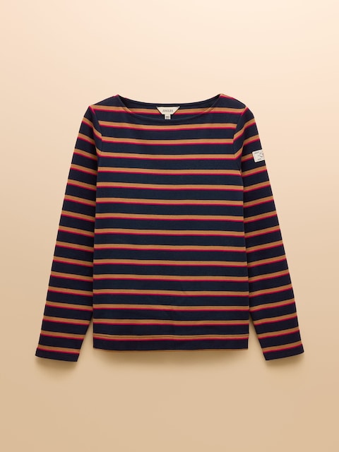 joules Harbour Tan/Navy Boat Neck Long Sleeve Breton Stripe Top