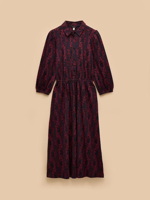 joules Hazel Burgundy Red Jersey Midi Long Sleeve Shirt Dress with Collar