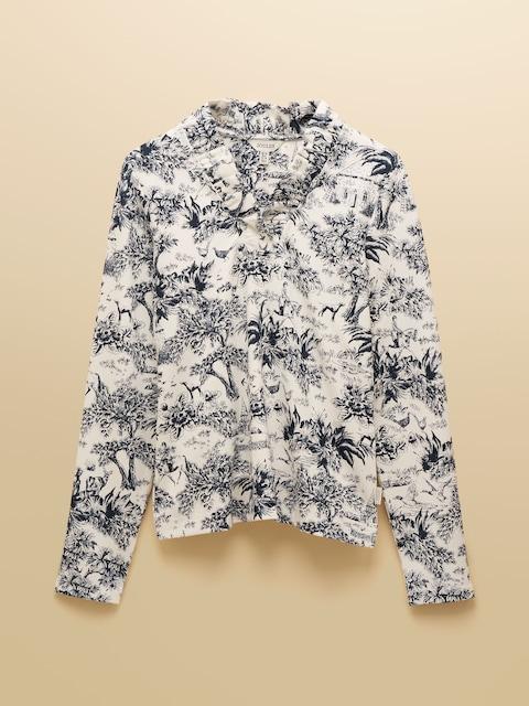 joules Heidi Cream/Navy Toile de Jouy Frill Neck Jersey Fitted Top