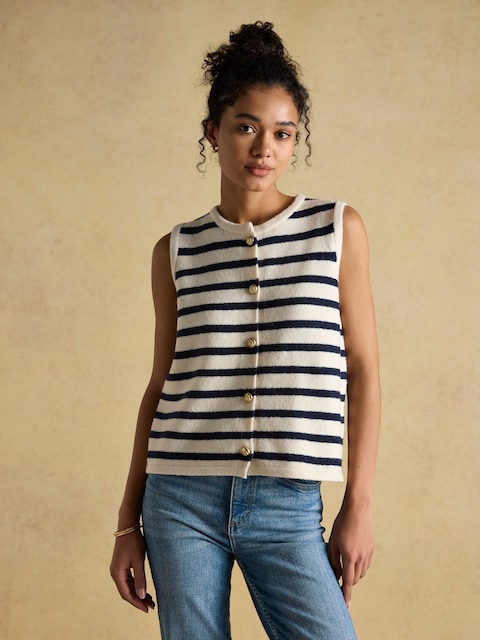 Joules Holly Cream/Navy Button Through Knitted Vest