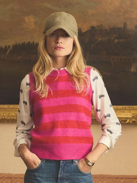 Joules Holly Pink & Red Stripe Knitted Crew Neck Vest