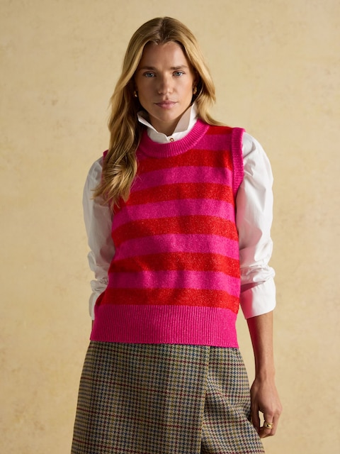 Joules Holly Pink & Red Stripe Knitted Crew Neck Vest