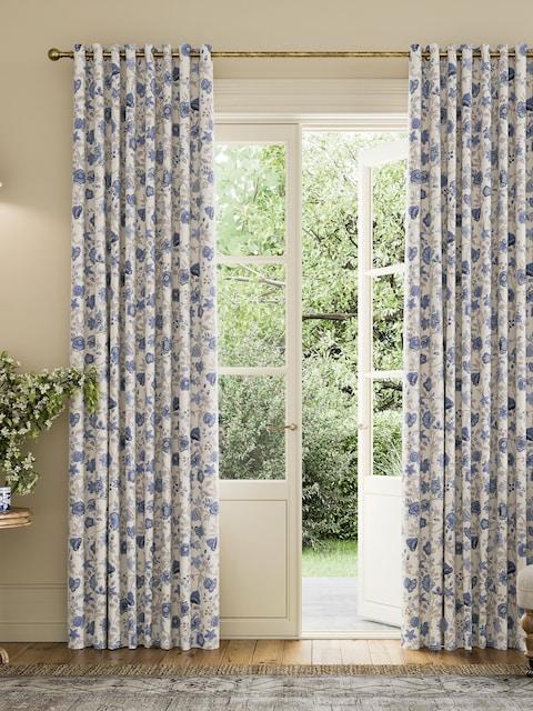Joules Indienne Floral Set Of 2 Blue Blackout Eyelet Curtains