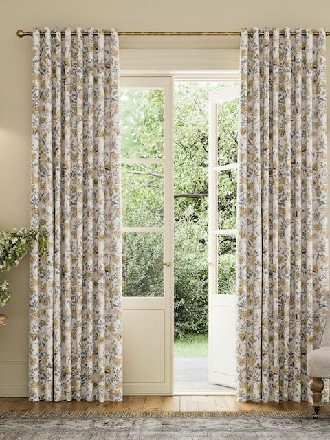 Joules Indienne Floral Set Of 2 Yellow Blackout Eyelet Curtains