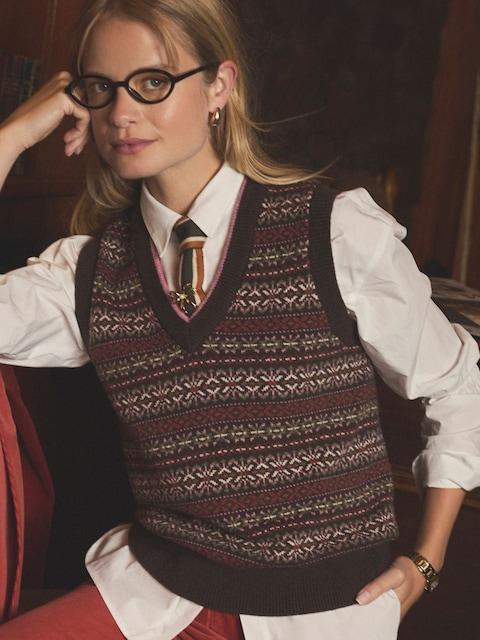 Joules Islay Brown V Neck Fair Isle Cotton Rich Knitted Vest