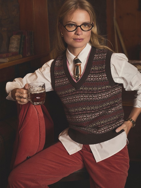 Joules Islay Brown V Neck Fair Isle Cotton Rich Knitted Vest