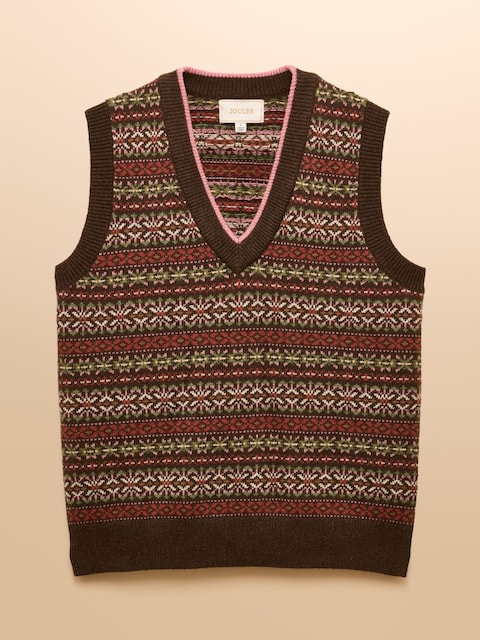 joules Islay Brown V Neck Fair Isle Cotton Rich Knitted Vest