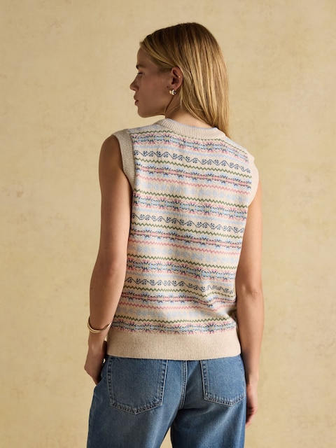 Joules Islay Cream V Neck Fair Isle Cotton Rich Knitted Vest