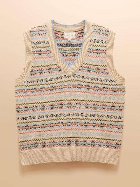 joules Islay Cream V Neck Fair Isle Cotton Rich Knitted Vest