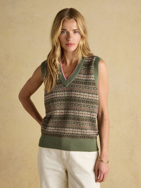 Joules Islay Green V Neck Fair Isle Cotton Rich Knitted Vest
