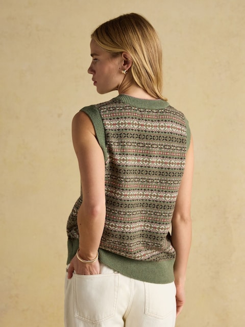 Joules Islay Green V Neck Fair Isle Cotton Rich Knitted Vest