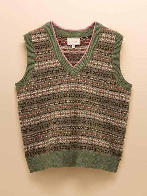 joules Islay Green V Neck Fair Isle Cotton Rich Knitted Vest