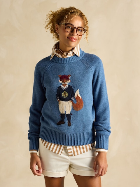 Joules Jonty Blue Intarsia Cotton-Rich Crew Neck Jumper