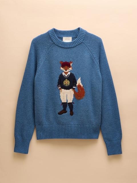 joules Jonty Blue Intarsia Cotton-Rich Crew Neck Jumper