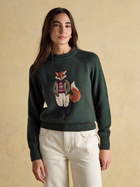 Joules Jonty Green Intarsia Cotton-Rich Crew Neck Jumper