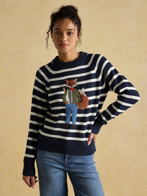 Joules Jonty Striped Intarsia Cotton-Rich Crew Neck Jumper