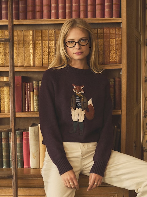 Joules Jonty Wine Red Intarsia Cotton-Rich Crew Neck Jumper