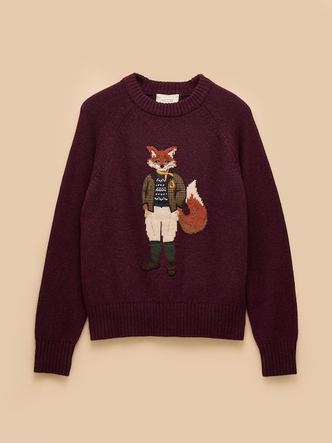joules Jonty Wine Red Intarsia Cotton-Rich Crew Neck Jumper