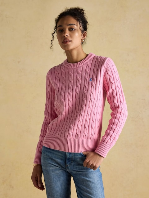 Joules Classic Cable Pink Cotton Crew Neck Jumper