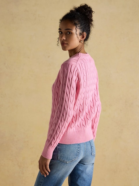 Joules Classic Cable Pink Cotton Crew Neck Jumper