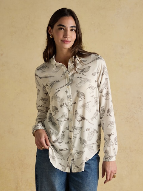 Joules Elvina Bird Print White Relaxed Fit Shirt