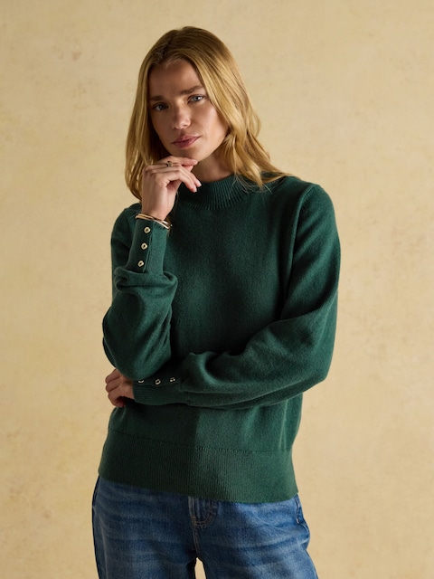 Joules Enid Green Cotton-Rich High Neck Jumper