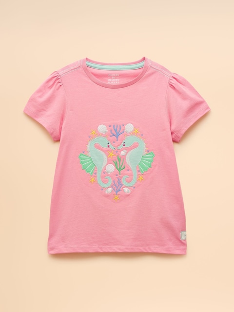 Joules Girls' Astra Pink Applique Cotton T-Shirt
