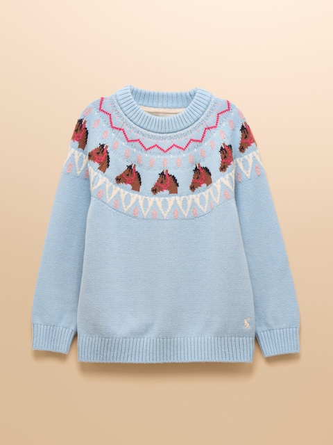 Joules Girls' Fairisle Blue Horse Knitted Jumper