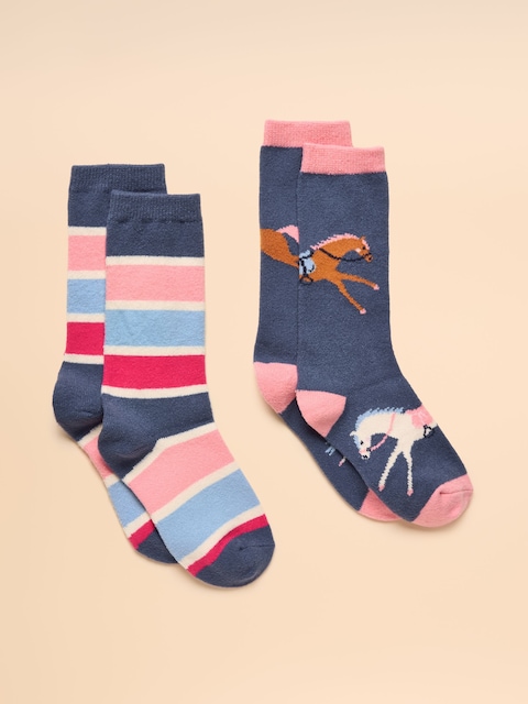 Joules Girls' Warmly Navy/Pink Cosy Sock 2 Pack