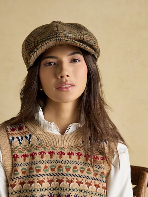 Joules Harrogate Brown Check Baker Boy Hat