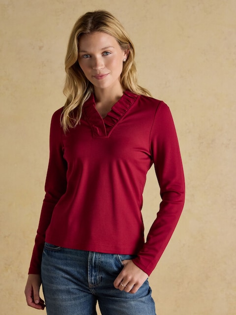Joules Heidi Red Frill Neck Jersey Fitted Top