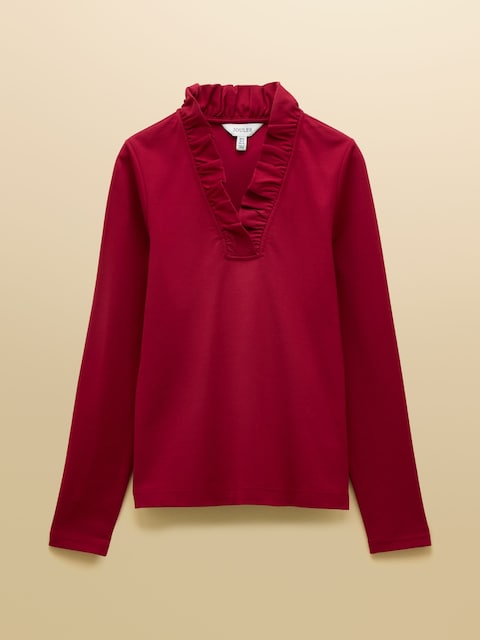 joules Heidi Red Frill Neck Jersey Fitted Top