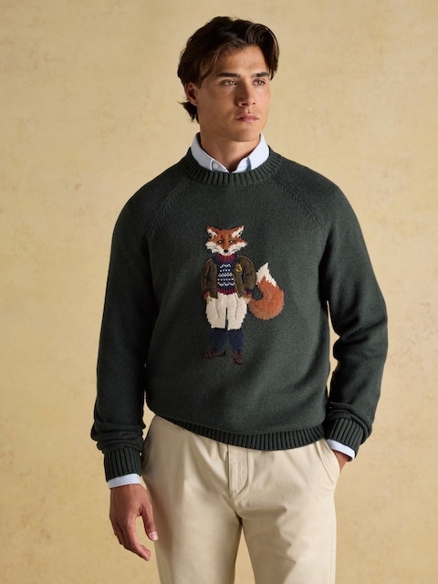 Joules Jonty Green Intarsia Crew Knit Jumper