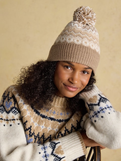 Joules Kara Neutral Fairisle Bobble Beanie Hat