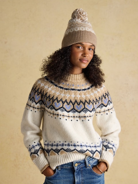 Joules Kara Neutral Fairisle Bobble Beanie Hat