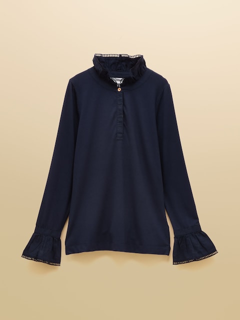 joules Kate Navy Long Sleeve Frilled Neck Top